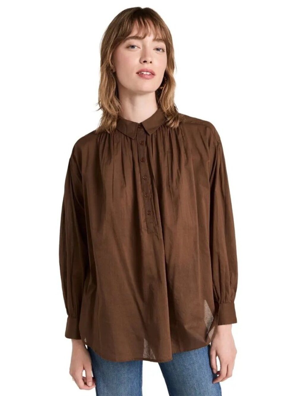 Miles Blouse by Nili Lotan Womens Button-down Blouse Size M Cotton Brown Casual